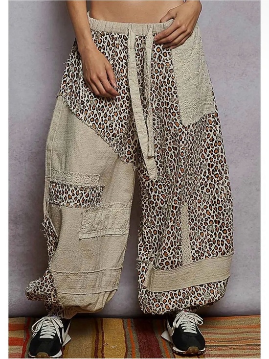 POL Pants - POL NWT Jacquard Leopard Print Patchwork Distressed Jogger Brown Cream Black